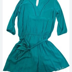 JustFab Womens 2X Teal V-Neck Romper 3/4 Sleeve Tie Waist Rayon Shorts Jumpsuit